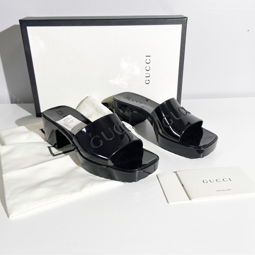 Gucci Black Patent Platform Slide Sandals